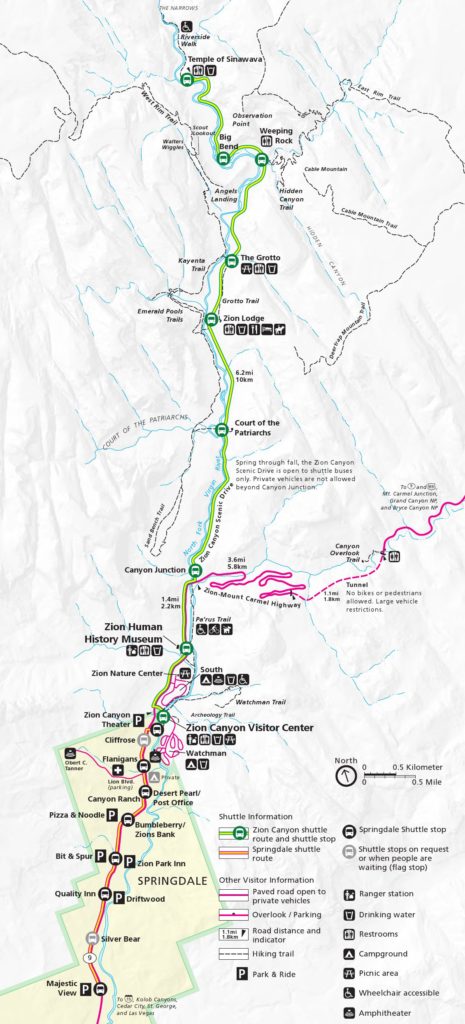 Zion Shuttle Stop Map with trails