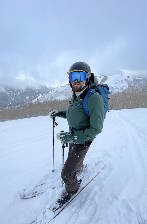 Cortazu insulated hardshell jacket on a snowy Utah backcountry ski day.