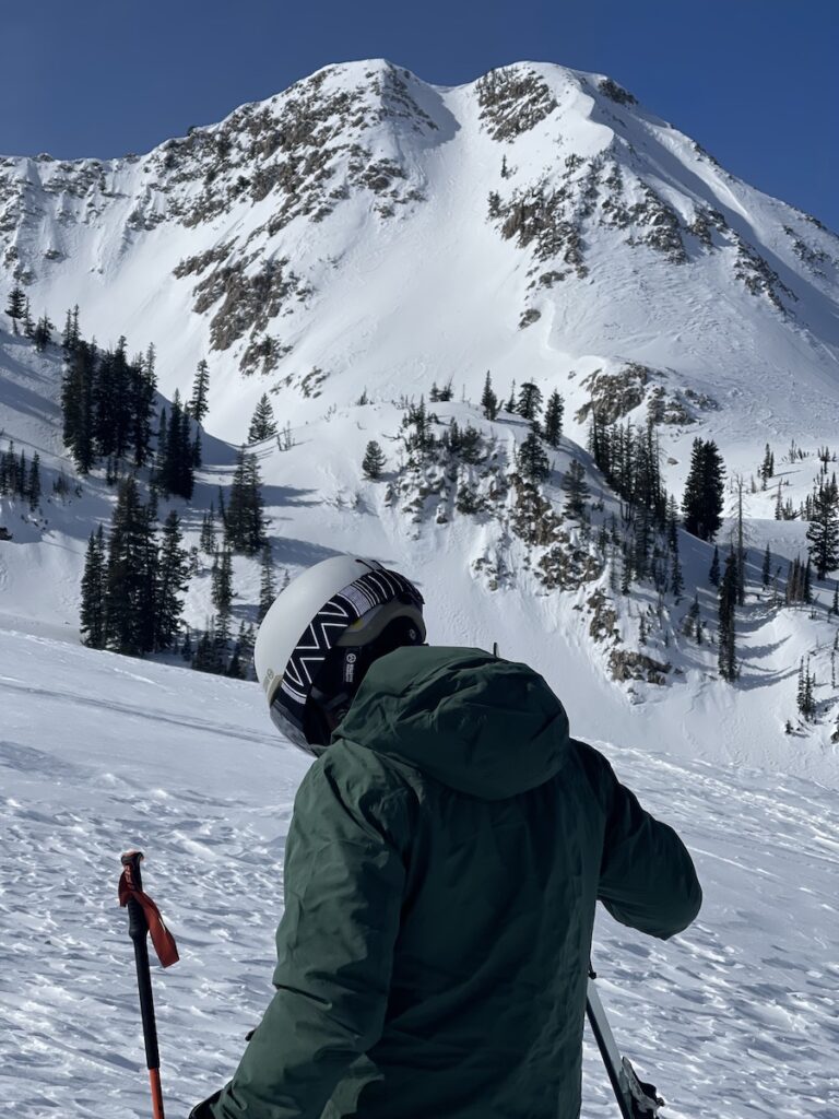 Cortazu jacket on cold, windy, and sunny ski tour.
