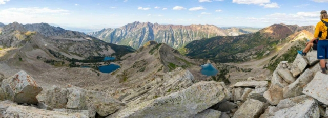 Panorama of Red and White Pine lakes from ridge between White Baldy and Pfeifferhorn